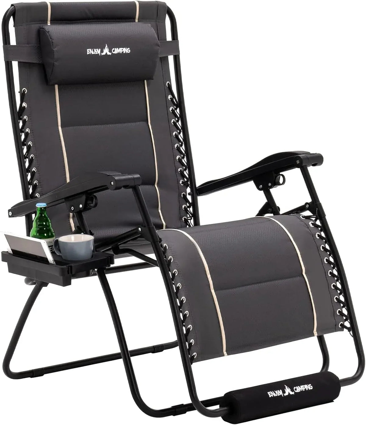 Amopatio Oversized Zero Gravity Chair with Cushion, XL Folding Outdoor Lounge Reclining Patio Chair with Tray/Footrest/Headrest for Camping Sunbathing Relaxing