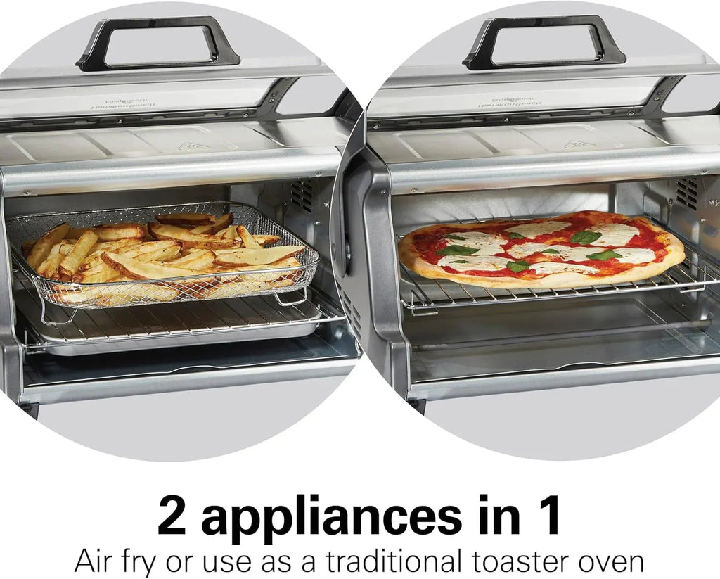 Hamilton Beach Air Fryer Toaster Oven Combo with Large Capacity, Fits 6 Slices or 12” Pizza, 4 Cooking Functions for Convection, Bake, Broil, Roll-Top Door, Easy Reach Sure-Crisp, Stainless Steel