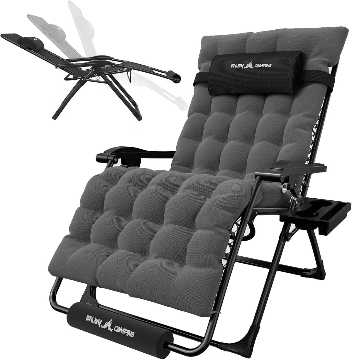 Amopatio Oversized Zero Gravity Chair with Cushion, XL Folding Outdoor Lounge Reclining Patio Chair with Tray/Footrest/Headrest for Camping Sunbathing Relaxing