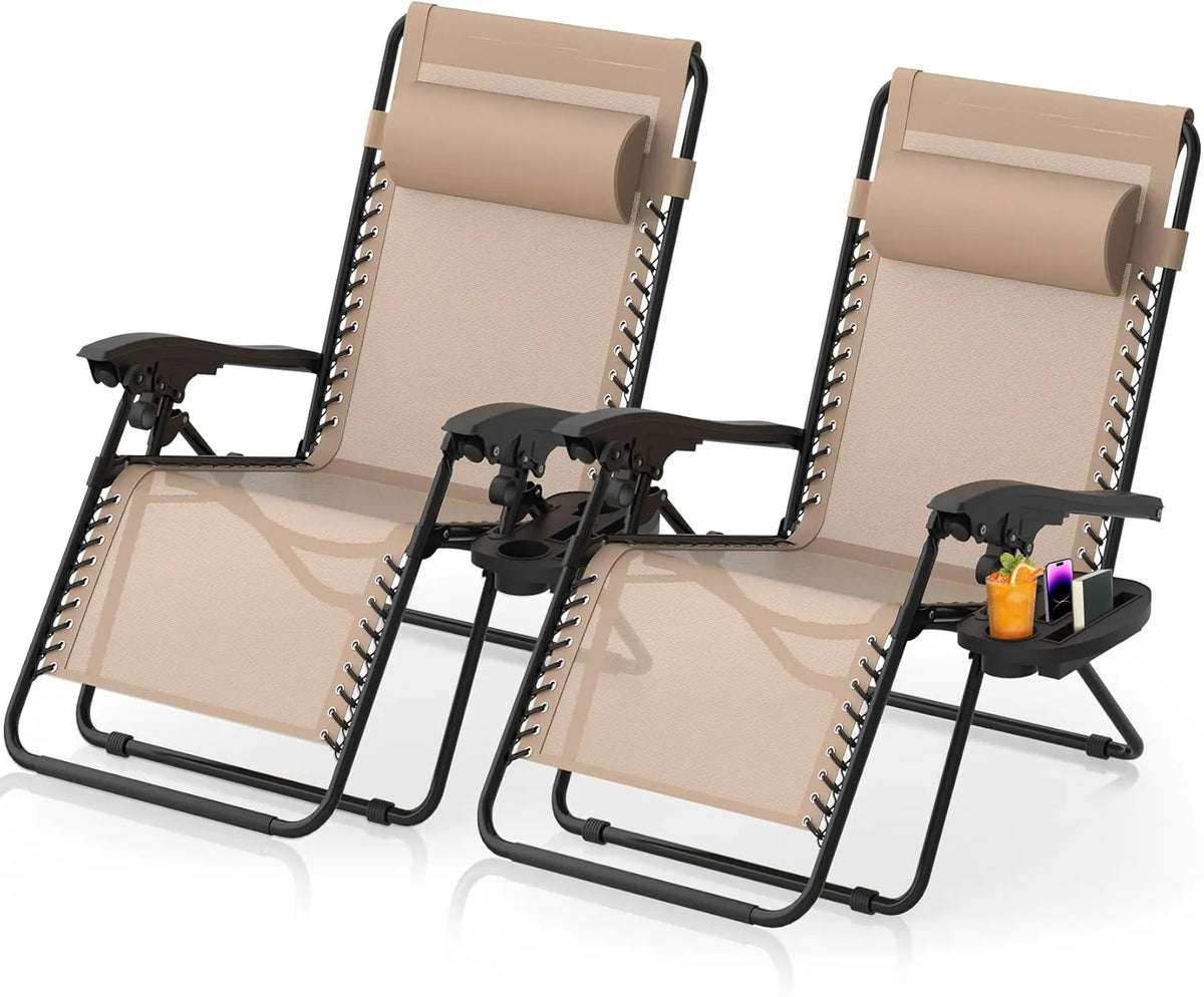 Zero Gravity Chairs Set of 2, Zero Gravity Lounge Chair w/Upgraded Lock, Big Cup Holder and Pillow, Reclining Patio Chairs Folding Recliner for Indoor and Outdoor
