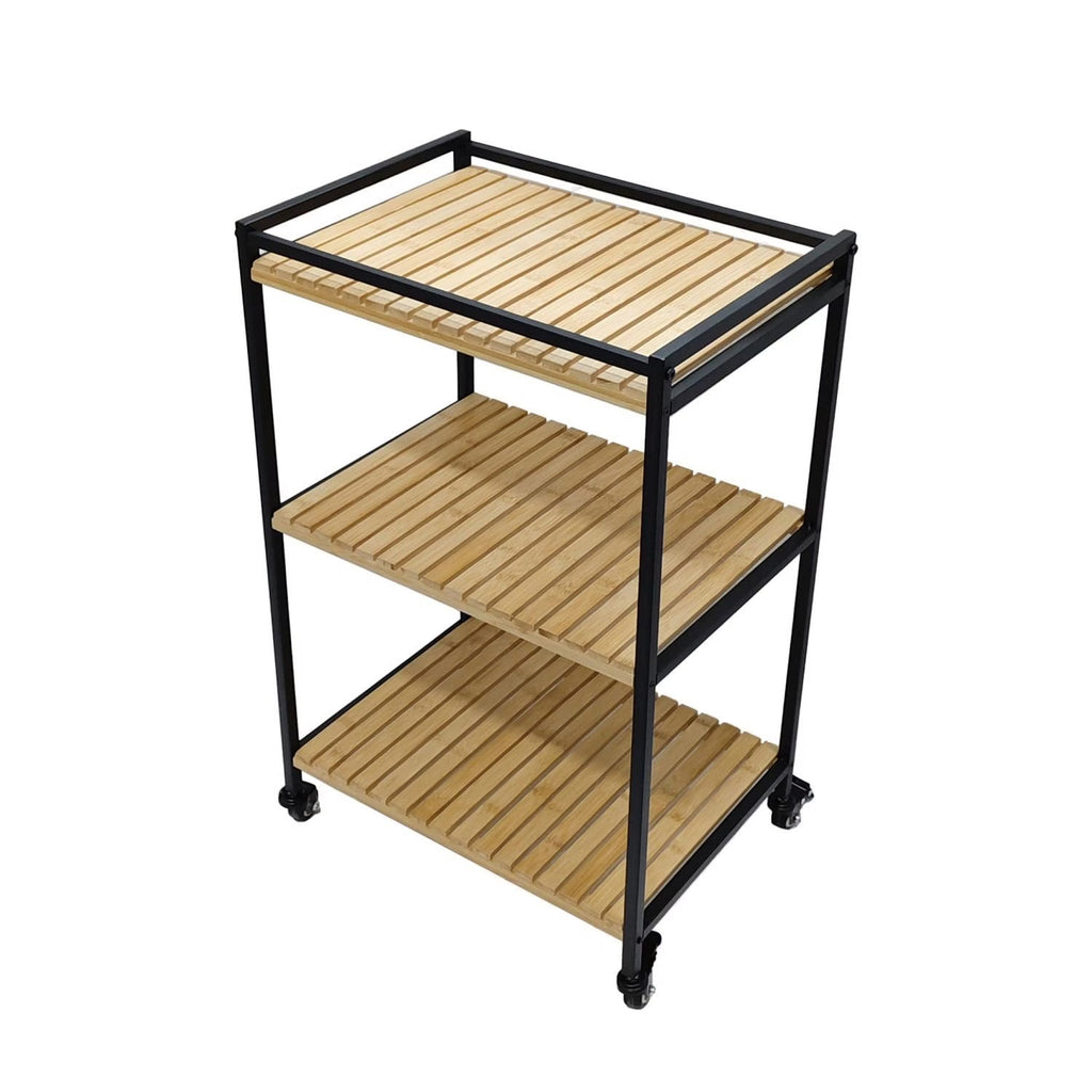 Bamboo Storage Trolley with Three Open Shelves and Rolling  Wheels