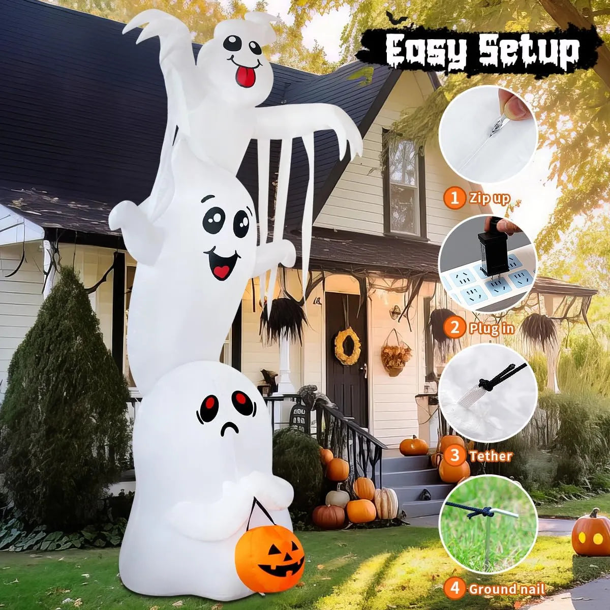 9.8 FT High Halloween Inflatable Overlap Ghost Outdoor Decorations Blow Up Yard with Built-in LEDs for Garden Lawn Indoor Party Decor (Three Ghosts)