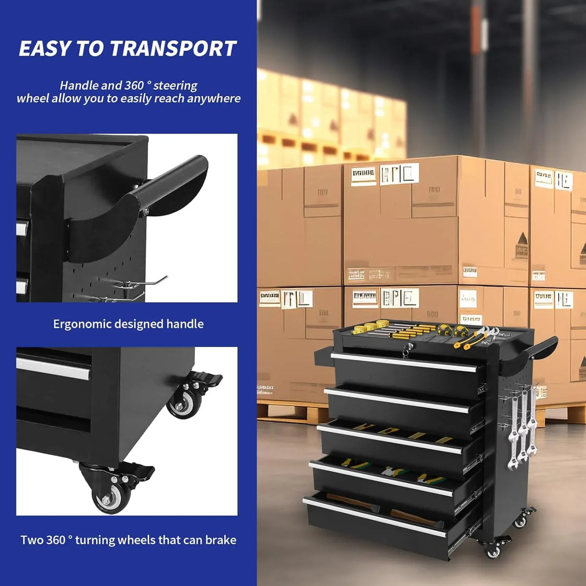 5 Drawers Rolling Tool Chest, Metal Tool Box with Lock Garage Storage Cabinets Sliding Tool Drawer Cart on Wheels Toolbox Organization Workbench for Workshop Warehouse Repair Shop