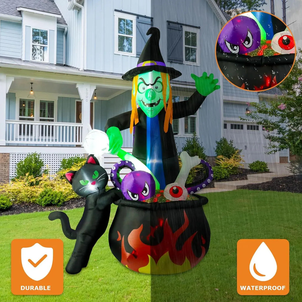Halloween Inflatable Witch with Cauldron Pot 6FT Halloween Blow Up Inflatables Outdoor Decorations with Build-in LEDs for Home Yard Lawn Garde