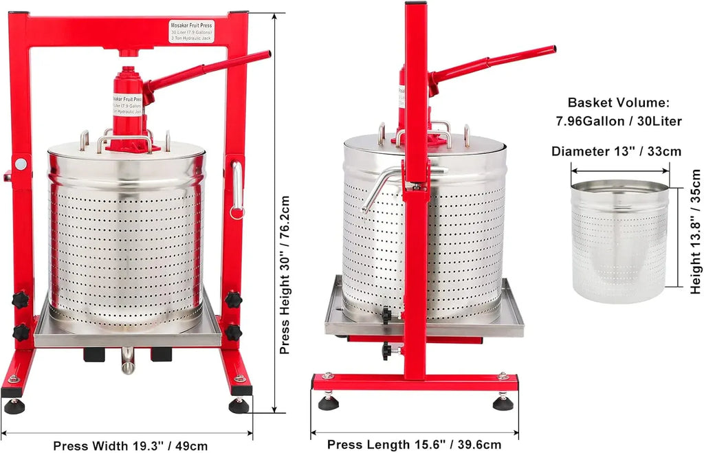 7.93 Gallon / 30L Mosakar Hydraulic Fruit Press. 3 Ton Pressure. Parts contact with Juice are AISI 304 Stainless Steel. Home Use Grape Apple Wine Cider Juice Press