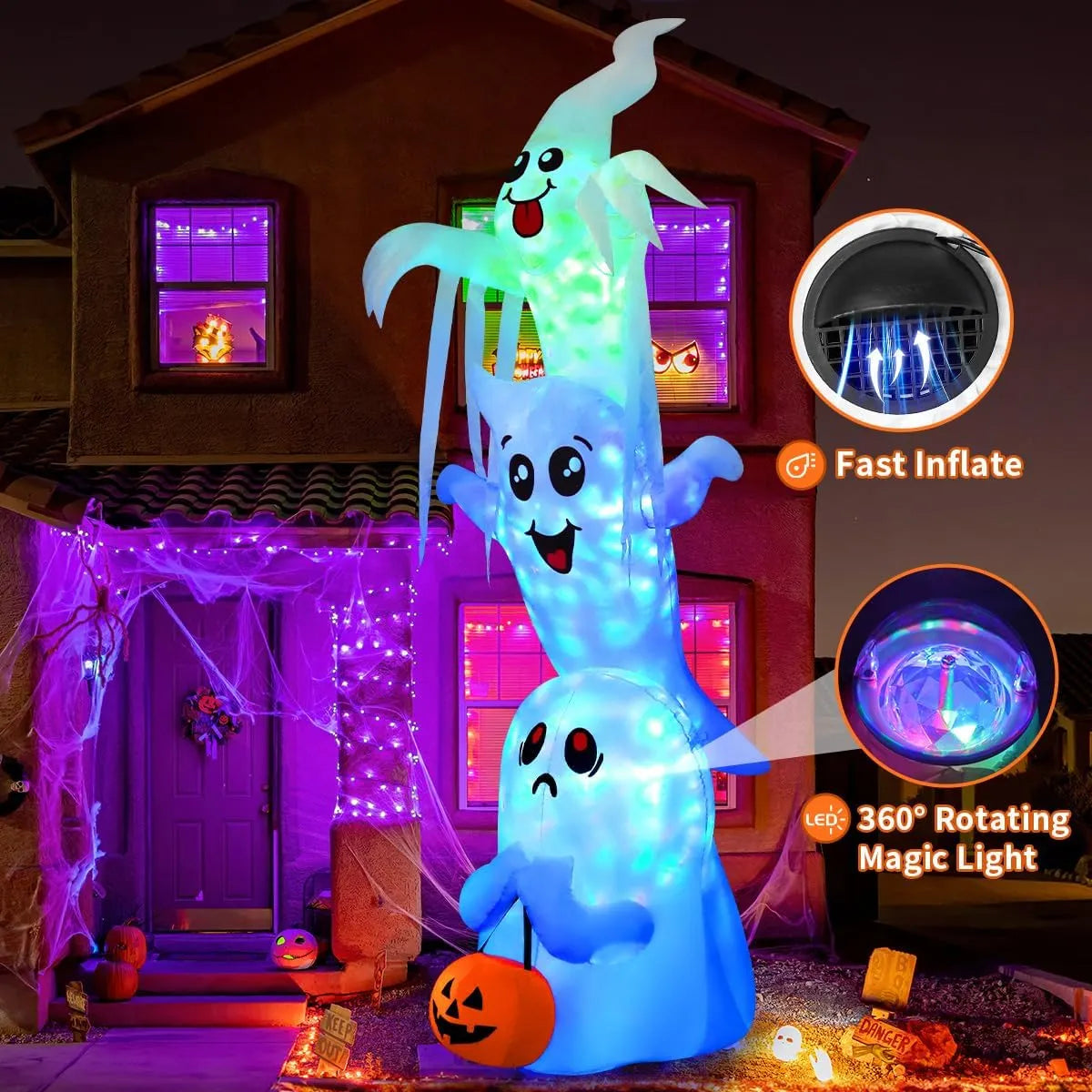 9.8 FT High Halloween Inflatable Overlap Ghost Outdoor Decorations Blow Up Yard with Built-in LEDs for Garden Lawn Indoor Party Decor (Three Ghosts)