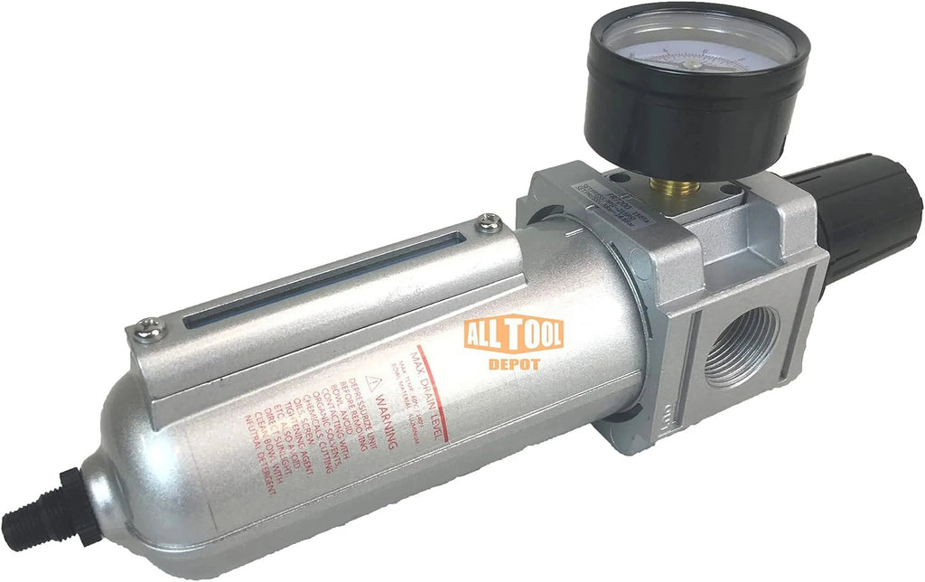NPT HEAVY DUTY Compressed Air In Line Filter Regulator Combo Piggyback, Metal Bowl, 5 Micron , Adjustable From 7 To 175 PSI (AUTO DRAIN)