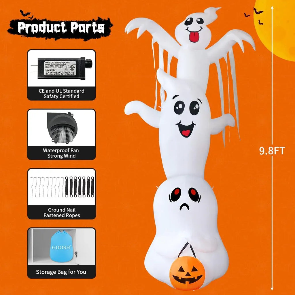 9.8 FT High Halloween Inflatable Overlap Ghost Outdoor Decorations Blow Up Yard with Built-in LEDs for Garden Lawn Indoor Party Decor (Three Ghosts)
