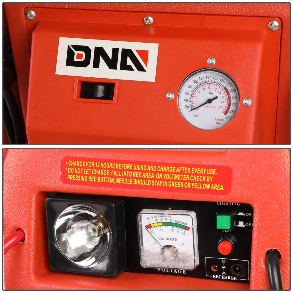 DNA Motoring TOOLS-00129 DNA 12V Bump Textured 300PSI Air Compressor Rechargeable Jump Starter Power Pack, Emergency Work Light