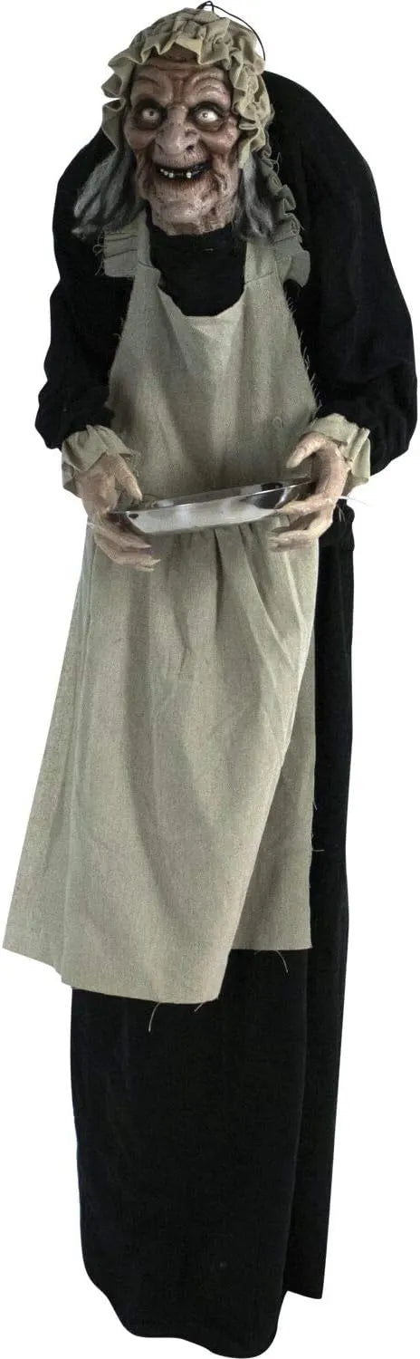 Haunted Hill Farm Life-Size Halloween Animatronic, Scary Talking Zombie Maid with Touch Activated Lights and Sounds, Battery Operated Indoor or Covered Outdoor Halloween Decorations for Home