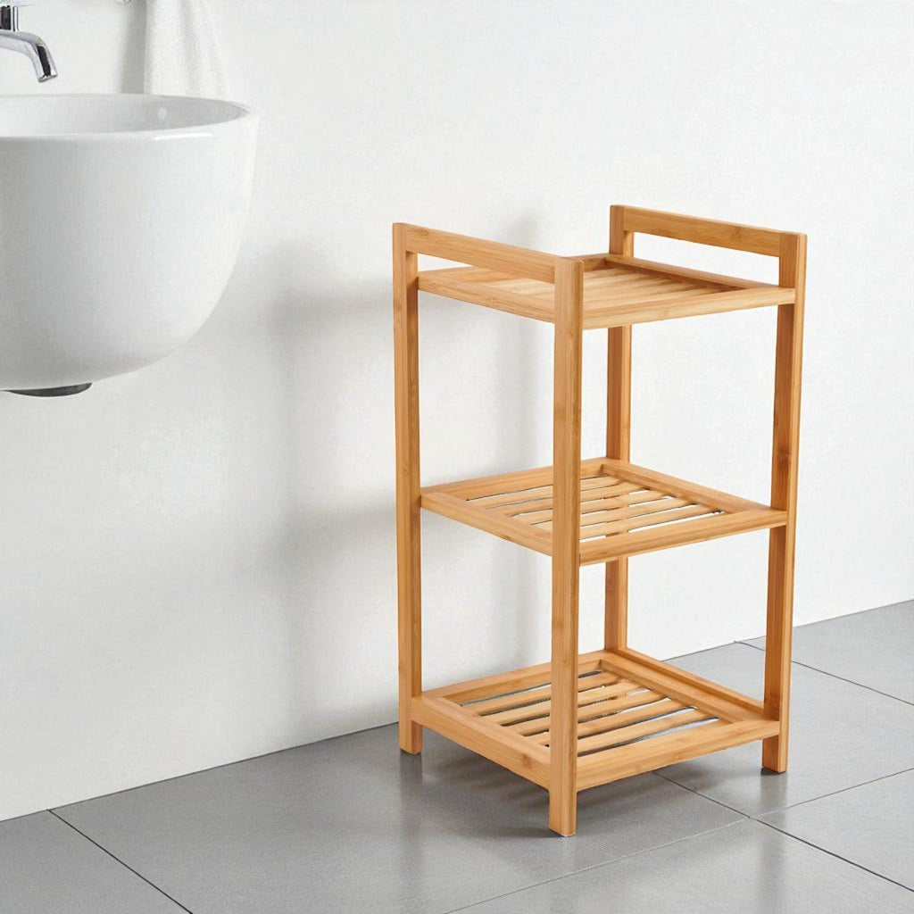 Bamboo Bath Rack with Three Open Shelves and Natural Wood Finish