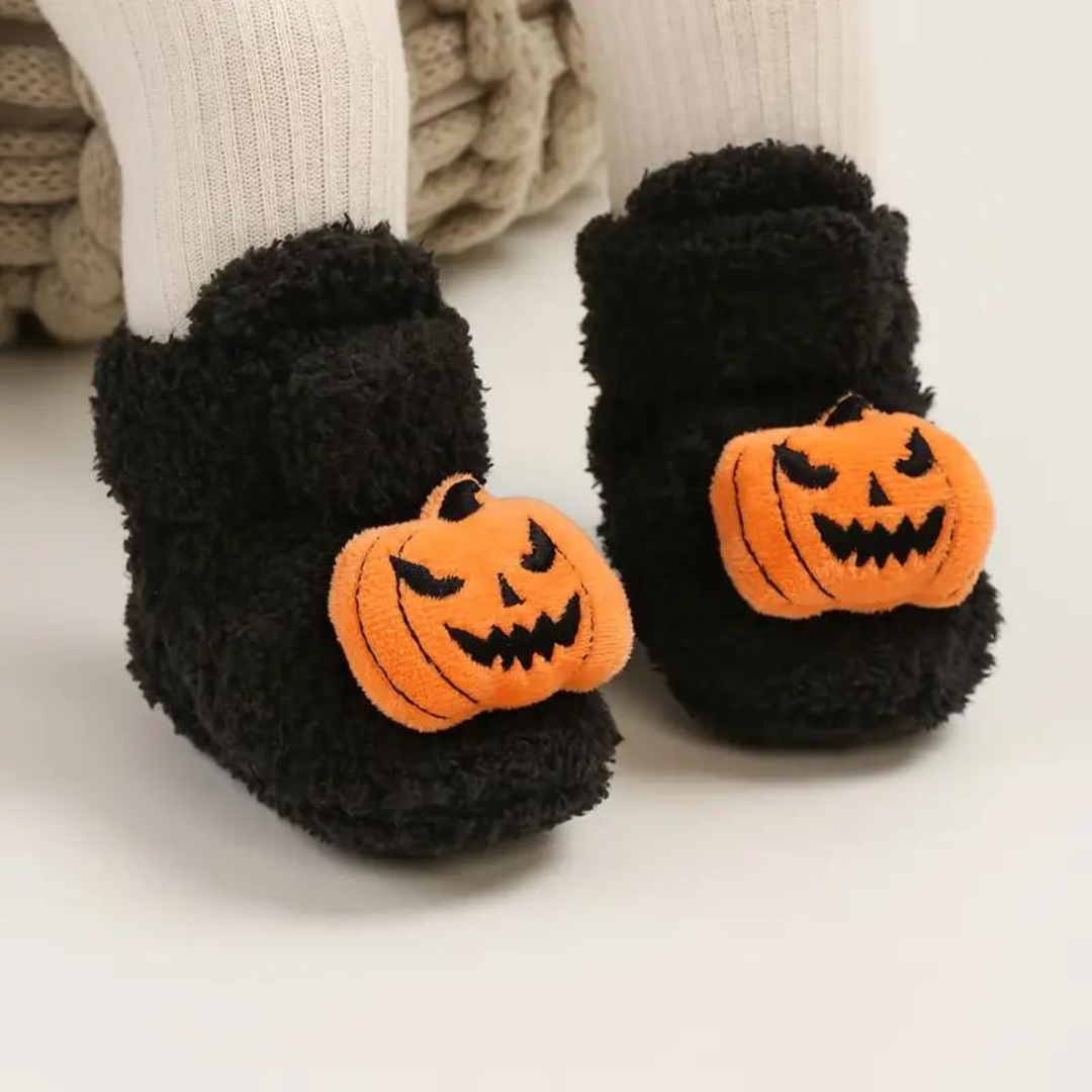 Childrens Ankle High Fleece Slippers with Halloween Pumpkin and Spider Print