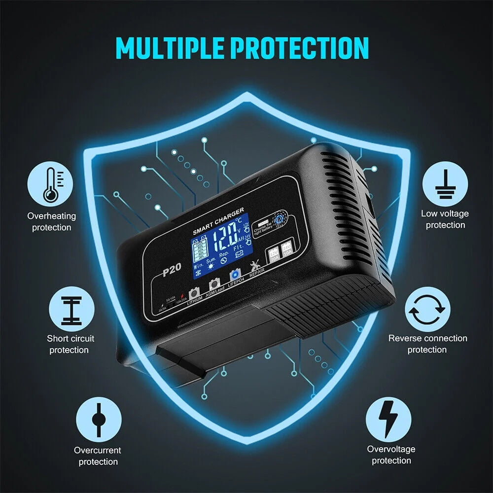KingFurt Automatic Battery Charger - Intelligent 12V/24V Charging, LCD Display, 20A Amp, All-in-One Solution for Cars, RVs, Trucks