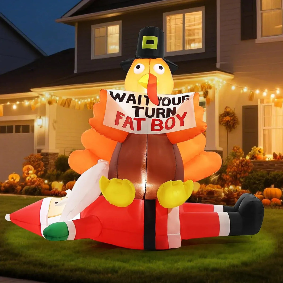 5FT Thanksgiving Turkey Inflatable Outdoor Decorations, Blow Up Turkey Sitting on Santa Claus with Sign, Built-in LED Lights Holiday DÃ©cor for Outside Lawn Garden Home Indoor