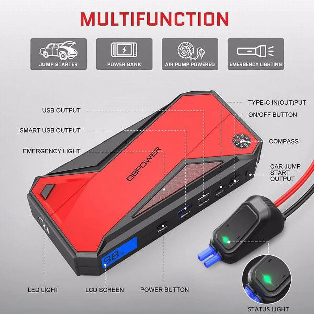 DBPOWER Peak 1600A 18000mAh Car Battery Jump Starter, up to 7.2 Gas, 5.5L Diesel Engines, Portable Battery Booster with Smart Charging Port, LCD Display, Intelligent Jumper Clamps, DJS90, Red Black