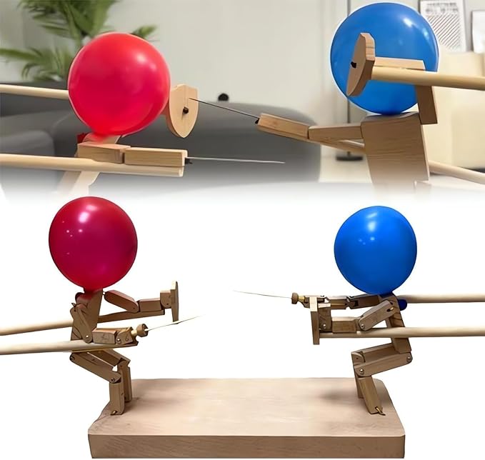 Balloon Pop Game with Wooden Fighter Figures and Bamboo Striker, Party Tabletop Set