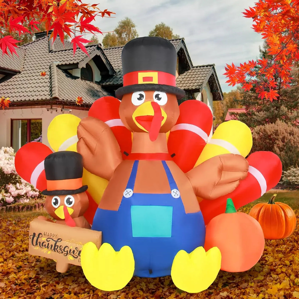 5FT Thanksgiving Turkey Inflatable Outdoor Decorations, Blow Up Turkey Sitting on Santa Claus with Sign, Built-in LED Lights Holiday DÃ©cor for Outside Lawn Garden Home Indoor