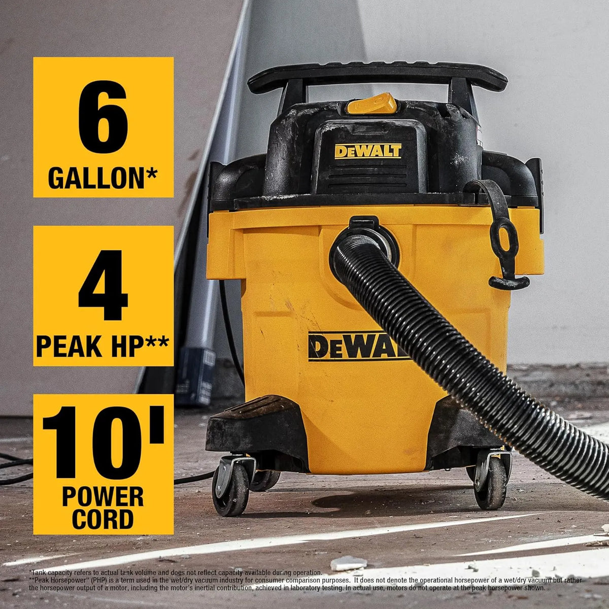 DXV06P 4 Peak HP Shop Vacuums, 6 Gallon Poly Wet/Dry Vac, Heavy-Duty Shop Vacuum with Blower Function Yellow+Black