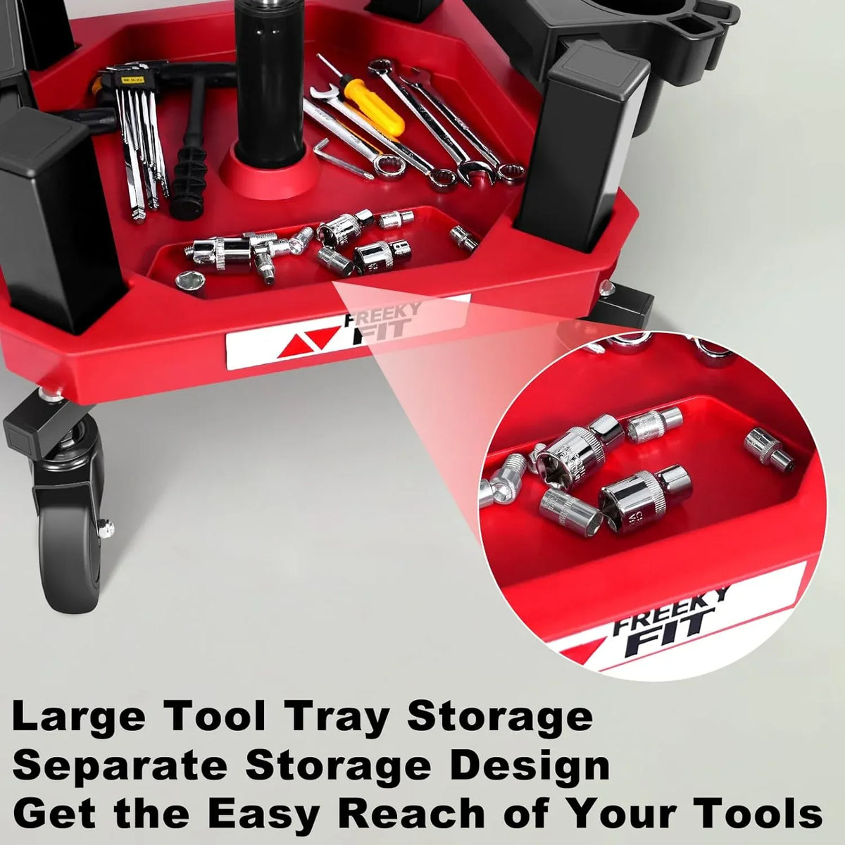 Rolling Shop Stool with Wheels, Adjustable Garage Mechanic Stool Seat Shop Roller Work Chair Mobile Rolling Seat with Tool Tray, 2 Cup Holders, 4 Casters, 350 LBS, Heavy-Duty, Red