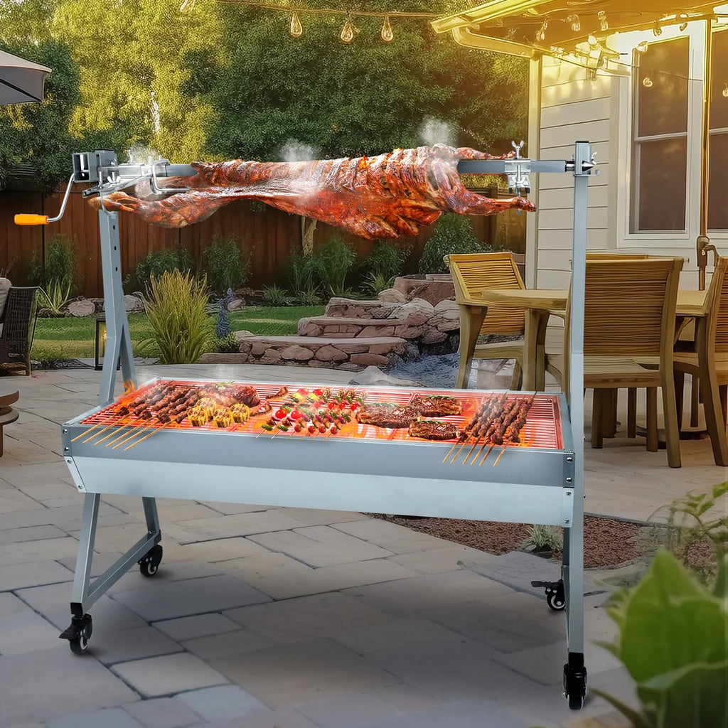 Rocita Rotisserie Grill Roaster, 132lbs Charcoal Grill Outdoor BBQ Grill Pig Lamb Spit Roaster with 25W Motor and Hand Crank