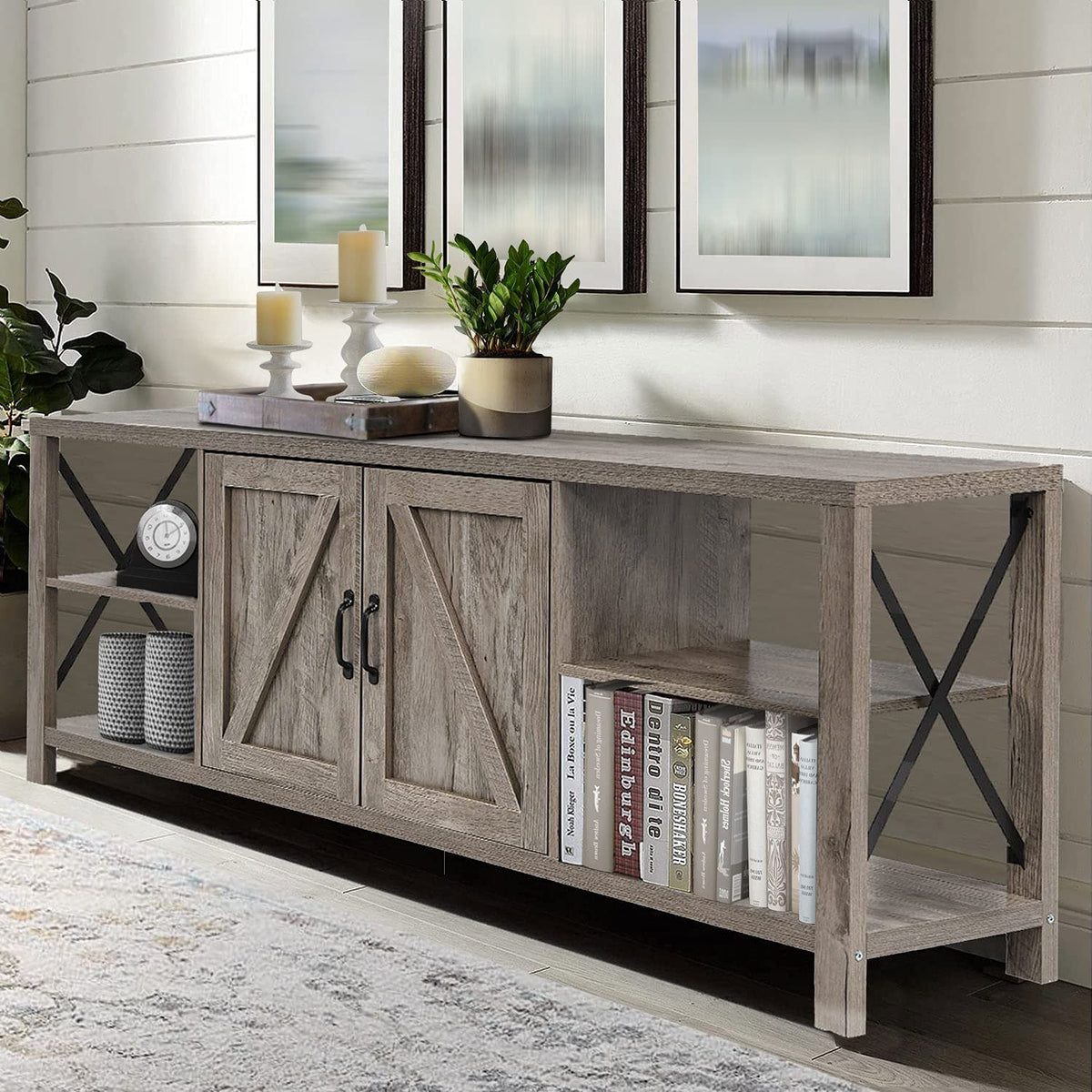 70 Inch TV Stand for 75 Inch TV Entertainment Center Farmhouse, Modern Barn Door TV Console Table with Storage Cabinets and Shelves for TVs Up to 75, Rustic Gray Wash