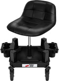 Rolling Shop Stool with Wheels, Adjustable Garage Mechanic Stool Seat Shop Roller Work Chair Mobile Rolling Seat with Tool Tray, 2 Cup Holders, 4 Casters, 350 LBS, Heavy-Duty, Red