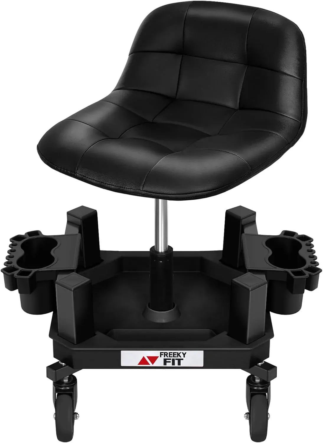 Rolling Shop Stool with Wheels, Adjustable Garage Mechanic Stool Seat Shop Roller Work Chair Mobile Rolling Seat with Tool Tray, 2 Cup Holders, 4 Casters, 350 LBS, Heavy-Duty, Red
