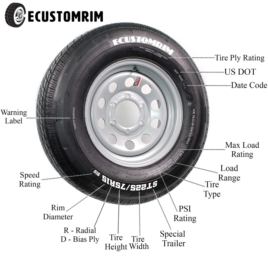 Radial Trailer Tire On Rim ST205/75R14 LRD 14 5 Lug Spoke White Wheel