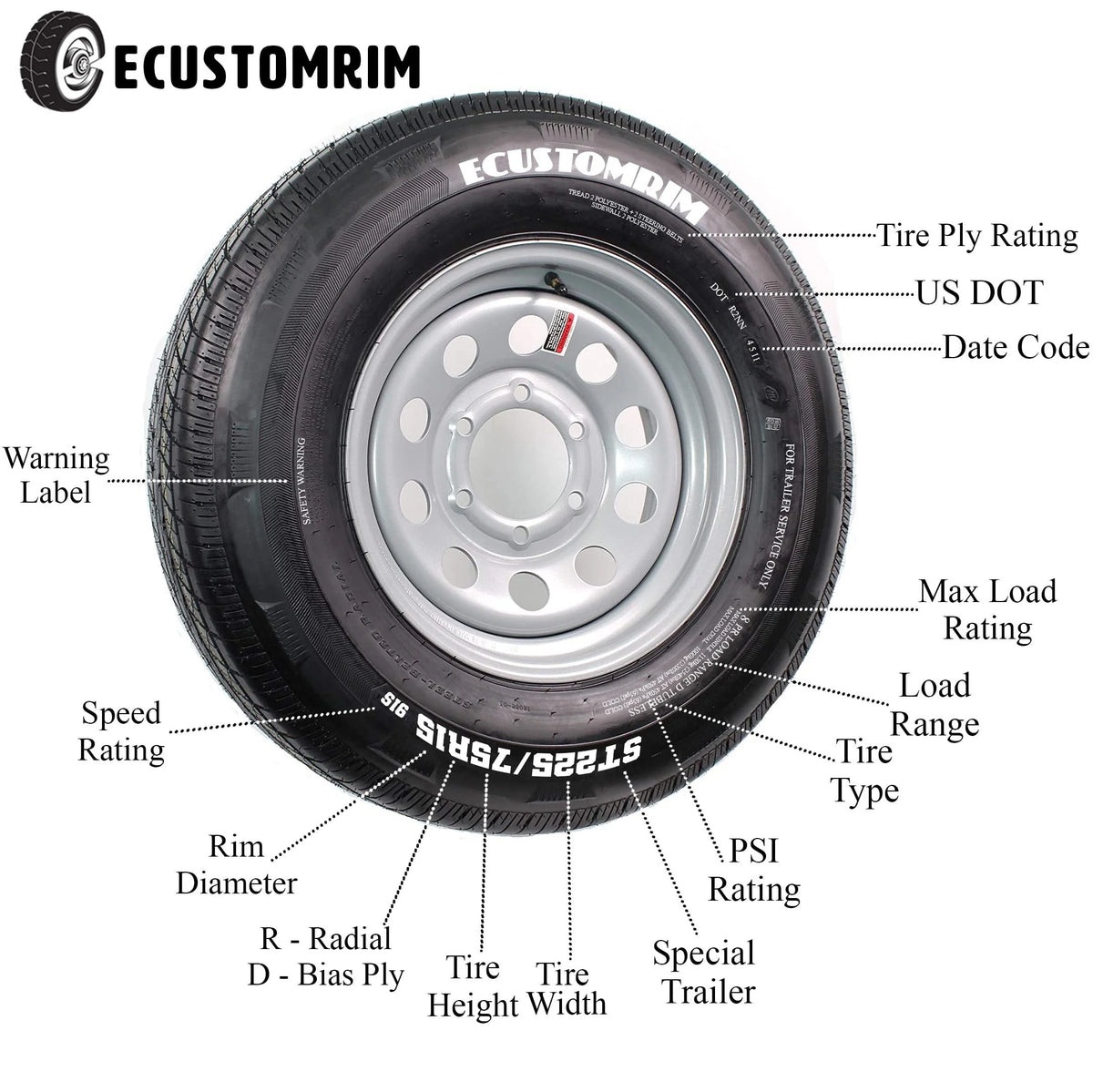 Radial Trailer Tire On Rim ST205/75R14 LRD 14 5 Lug Spoke White Wheel