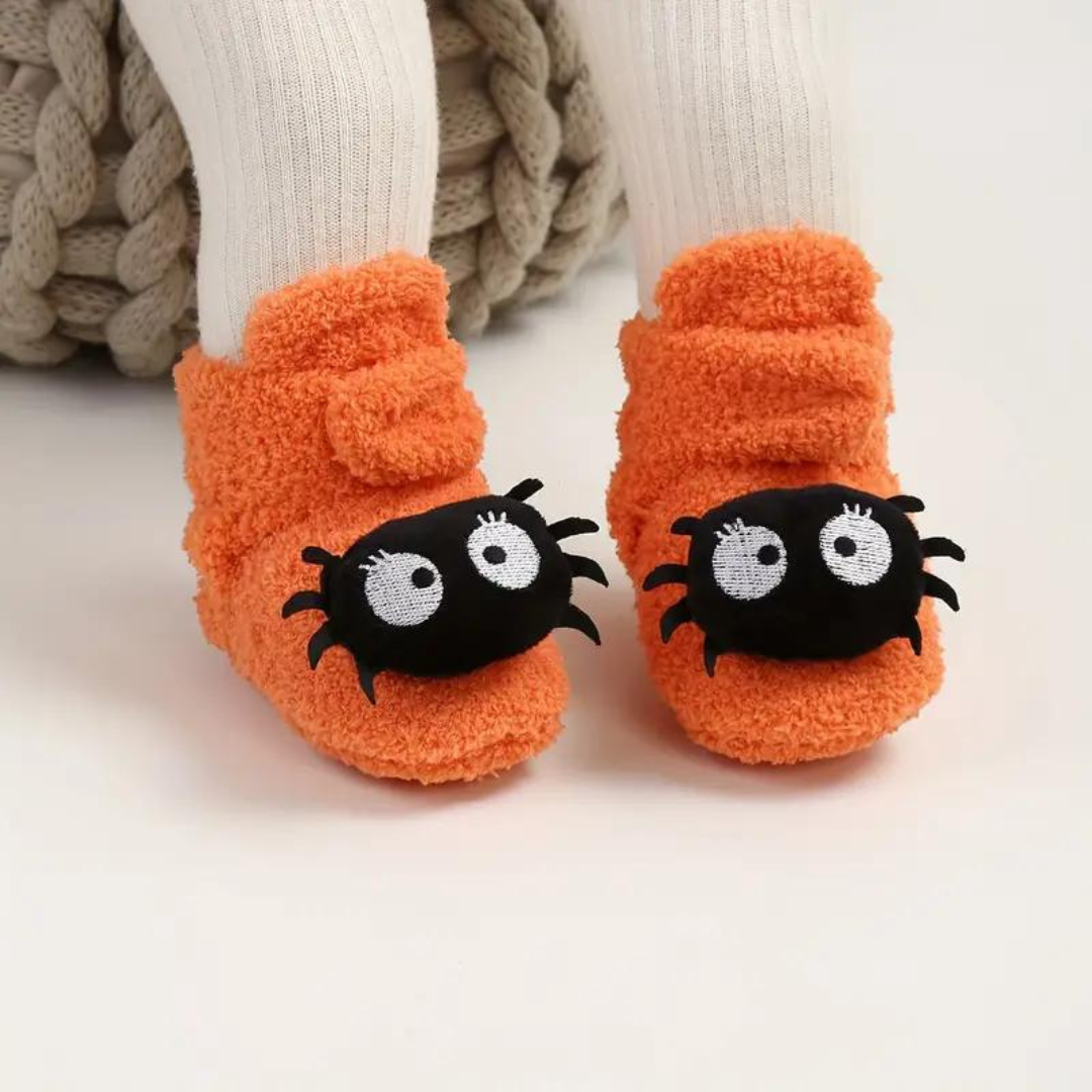 Childrens Ankle High Fleece Slippers with Halloween Pumpkin and Spider Print