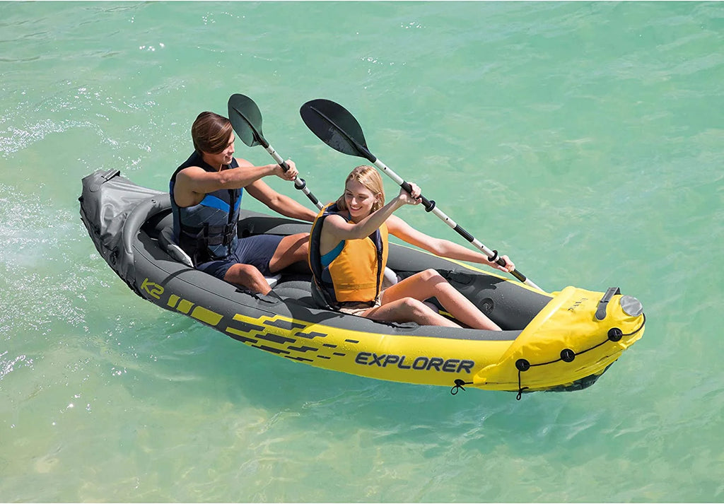 Explorer K2 Kayak， 2-Person Inflatable Kayak Set with Aluminum Oars and High Output Air Pump