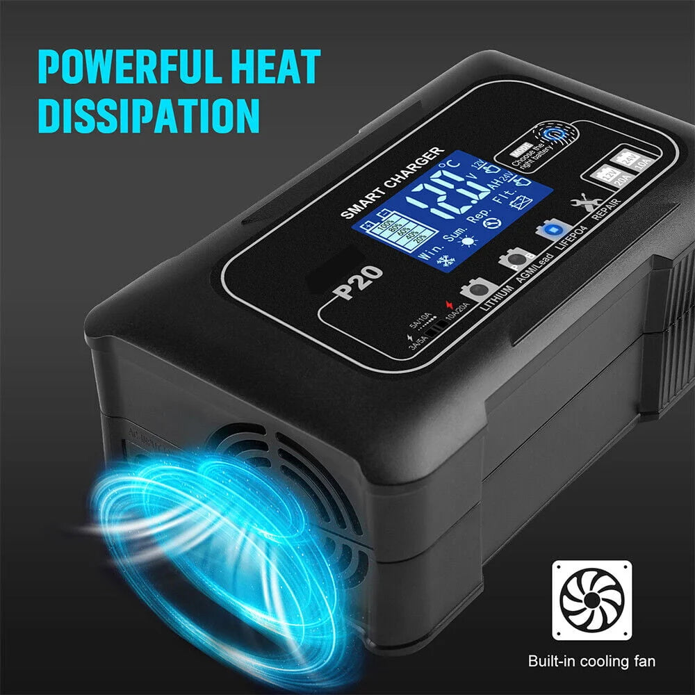 KingFurt Automatic Battery Charger - Intelligent 12V/24V Charging, LCD Display, 20A Amp, All-in-One Solution for Cars, RVs, Trucks