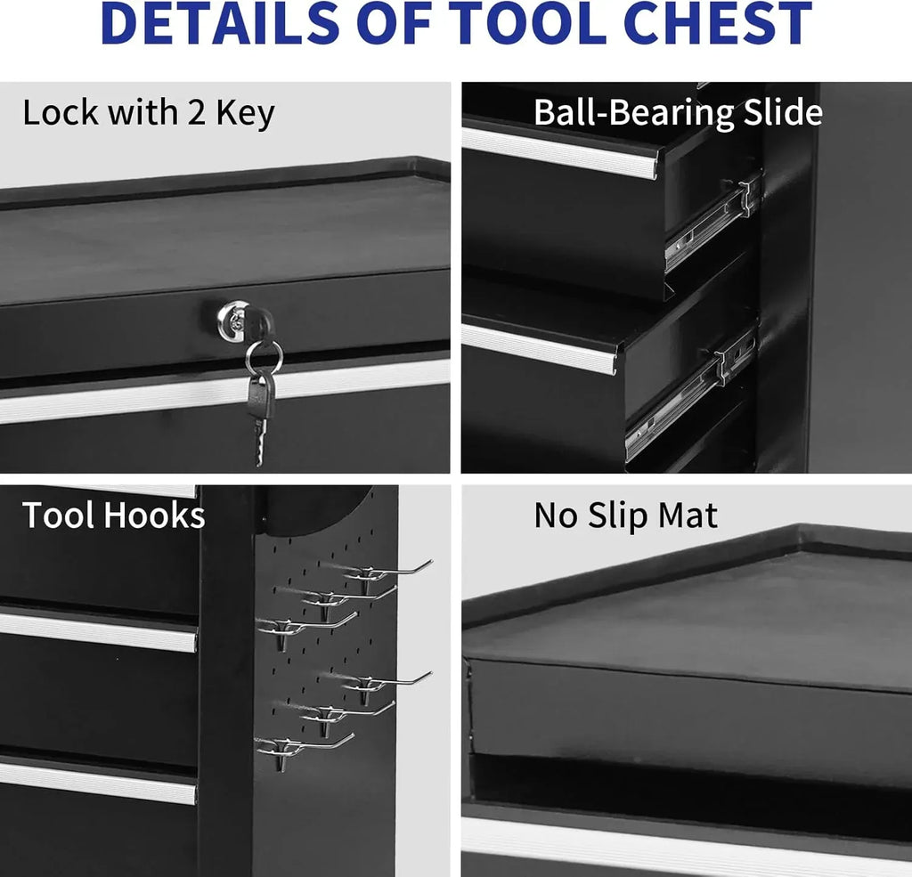5 Drawers Rolling Tool Chest, Metal Tool Box with Lock Garage Storage Cabinets Sliding Tool Drawer Cart on Wheels Toolbox Organization Workbench for Workshop Warehouse Repair Shop