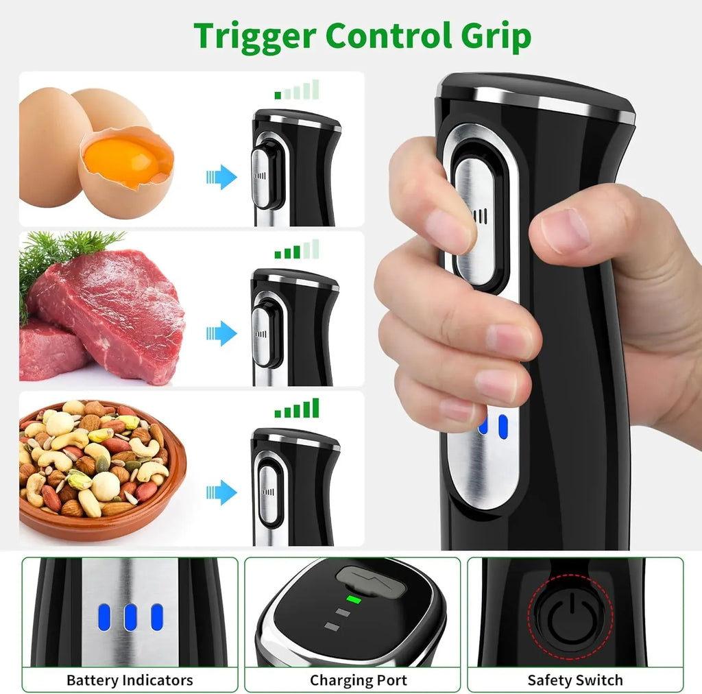 Cordless Immersion Blender Handheld, Rechargeable 4 In 1 Electric Hand Blender Stick Blender Variable Speed with Chopper, Beaker, Whisk, Stainless Steel Blade for Soup, Baby Food, Smoothies