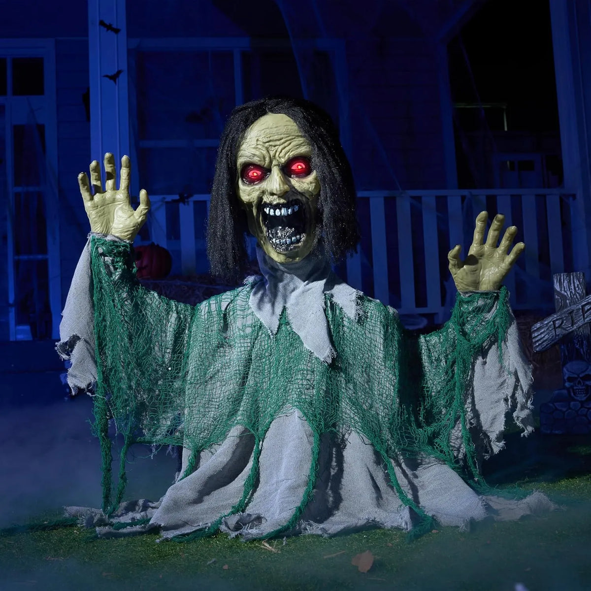 Halloween Animated Zombie Groundbreaker Outdoor Decor with Light Up Eyes Creepy Animatronic Decorations with Movable Arms for Halloween Party Prop and Lawn Patio Yard Outside Decorations