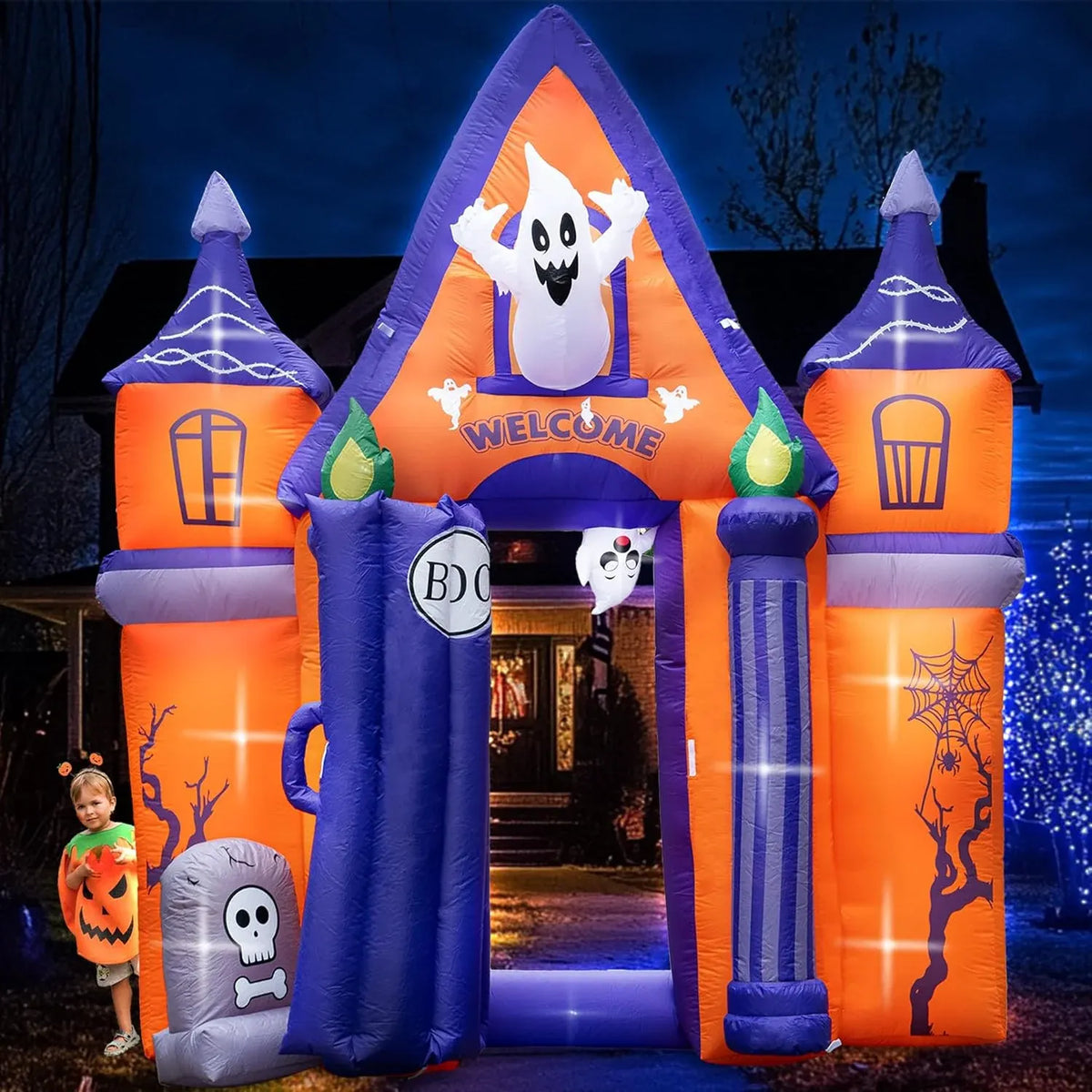 Halloween Inflatables10FT Castle Haunted House Arch Archway with Ghost Tombstone Removable Air Blower Bright LED Light - Cute Hoiday Outdoor Yard Lawn Garden Party Decorations