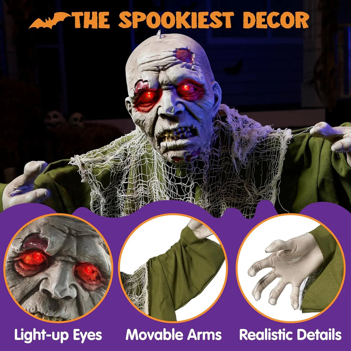 Halloween Animated Zombie Groundbreaker Outdoor Decor with Light Up Eyes Creepy Animatronic Decorations with Movable Arms for Halloween Party Prop and Lawn Patio Yard Outside Decorations