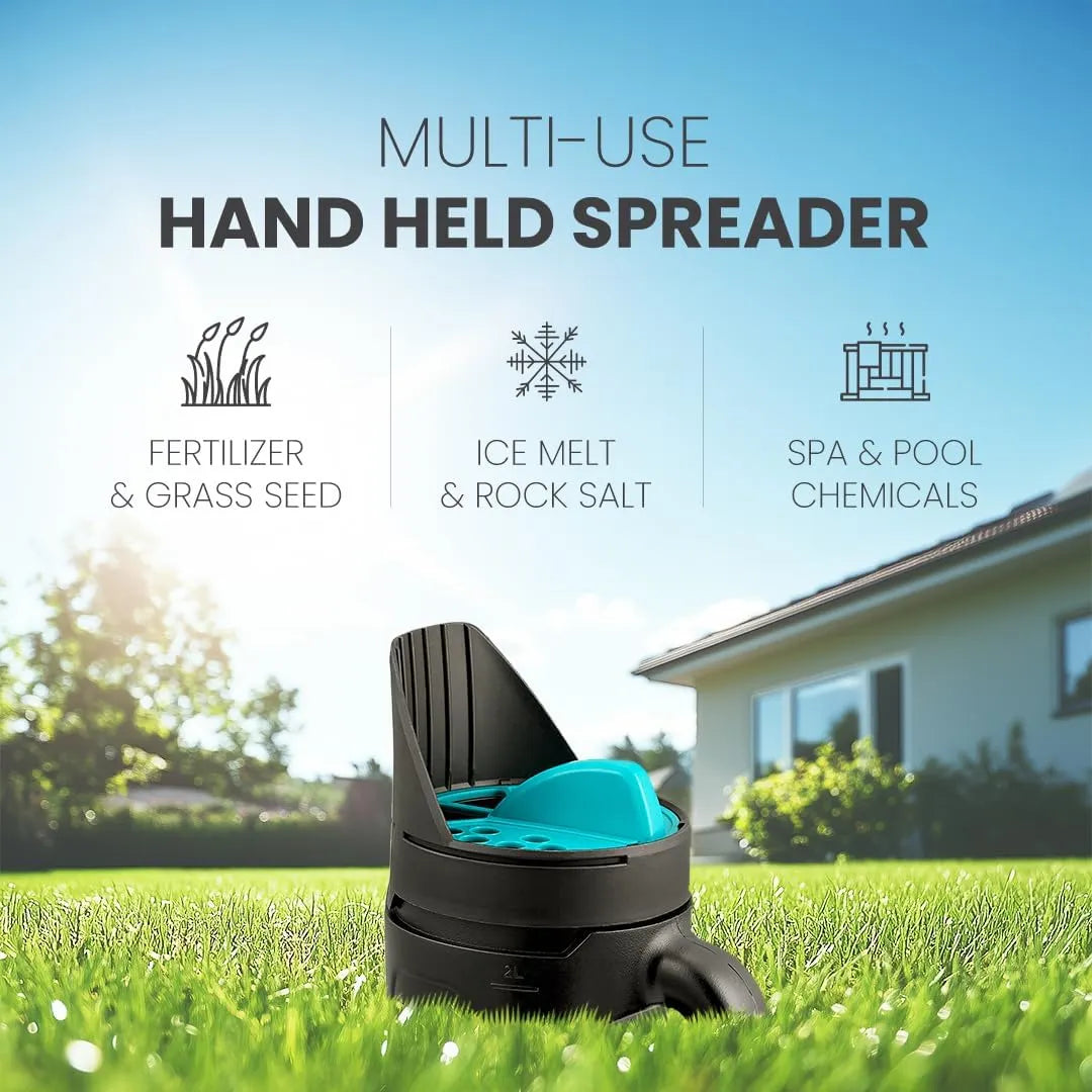 Handheld Seed Spreader for Lawns, Fertilizer, Snow Salt - Multi-use Hand Spreaders for Lawns, Spa & Pool Chemicals with Multiple Size Openings - 2.5L Capacity