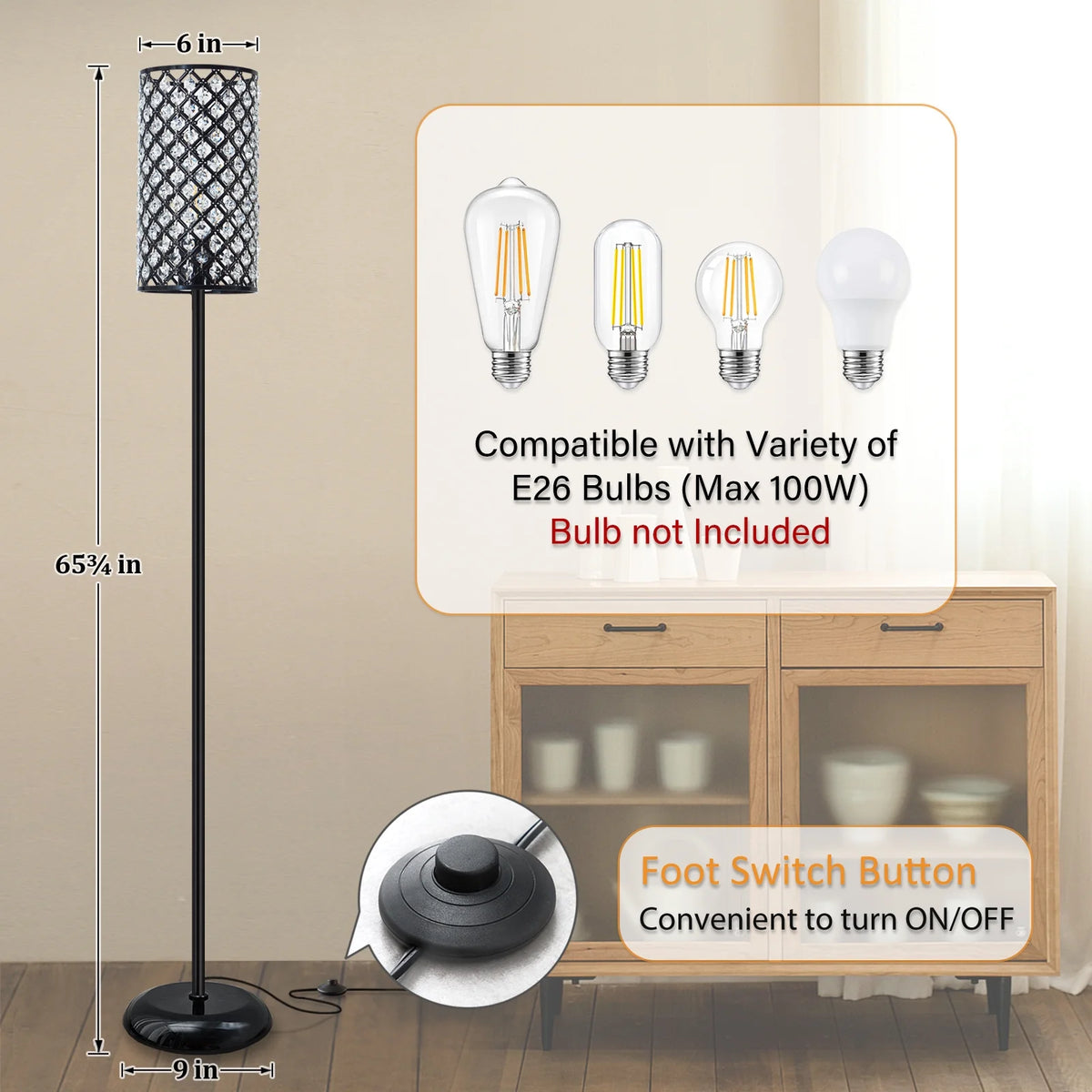 Natyswan Crystal Floor Lamp, Modern Black Floor Lamp with on/off Foot Switch,Tall Pole Accent Lighting for Living Room, Girl Bedroom, Dresser, Office