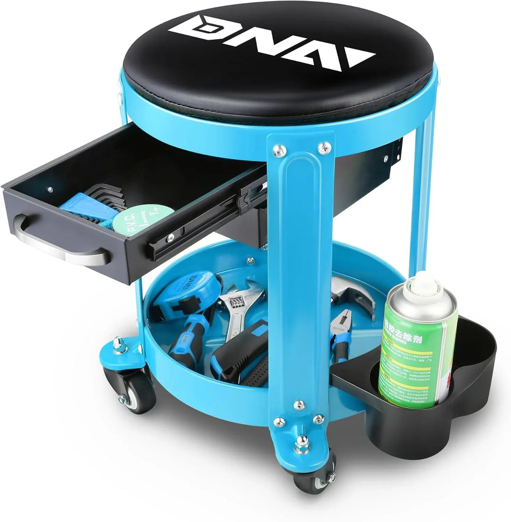 Motoring TOOLS-00197 Round Mechanics Roller Seat Creeper Stool With Padded Cushion, Tool Storage Drawer & Tray, 300 Lbs Max Weight Capacity
