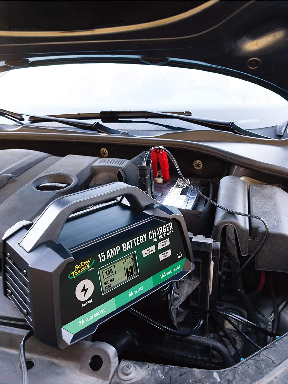 Battery Tender 15 AMP Battery Charger and Maintainer - 12V Switchable 15 AMP / 8 AMP / 2 AMP - Selectable Chemistry Standard AGM Gel - LCD Display - 022-0234-DL-WH