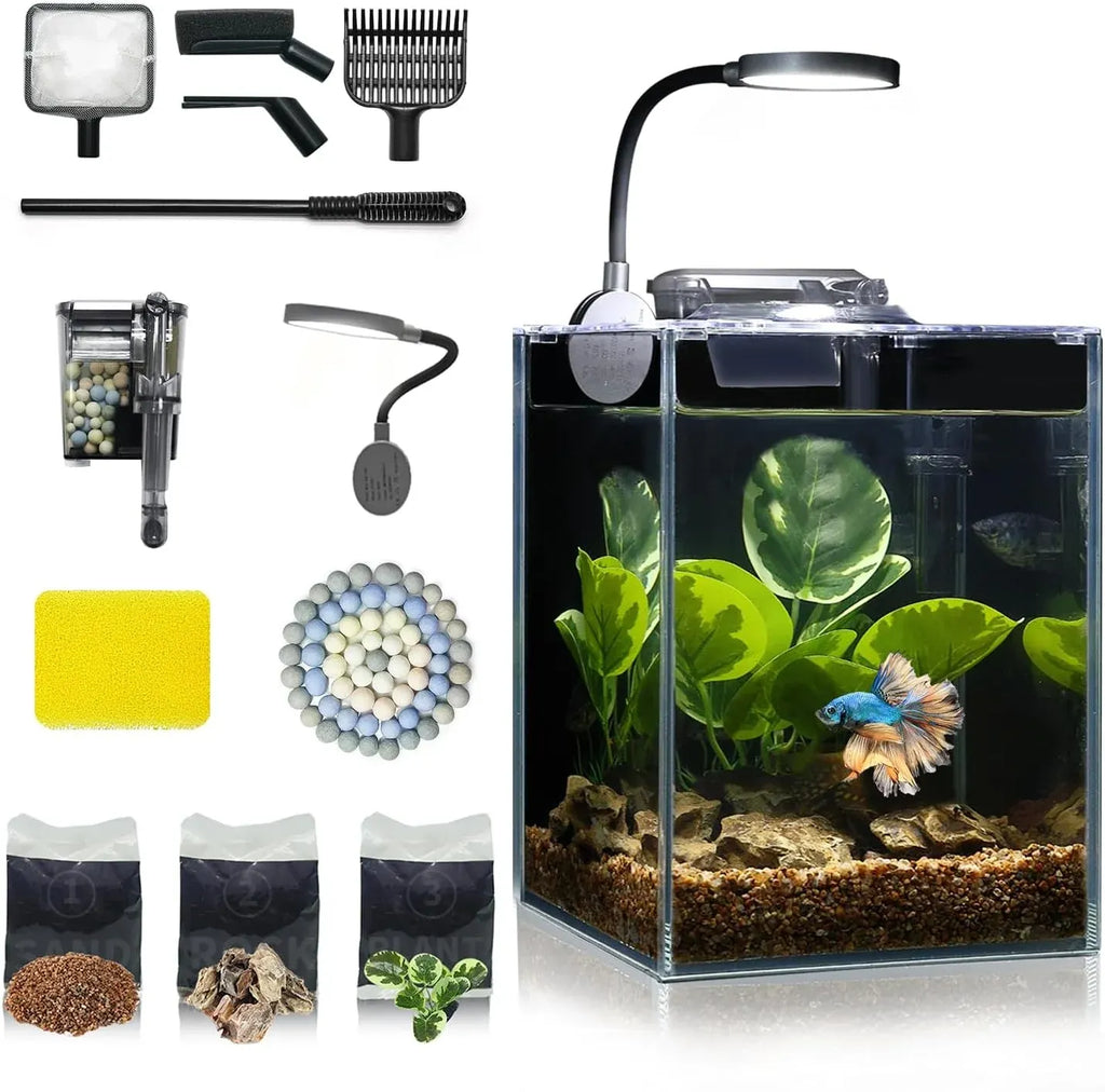 Small Aquarium Set Glass 2.6 Gallon Fish Tank, Starter Kit with Heater Self Cleaning System Efficiency Filter Bright Light Rocks Gravel Cleaning Tool, Leak-Proof Ultra-Clear Rimless Desktop Betta Tank