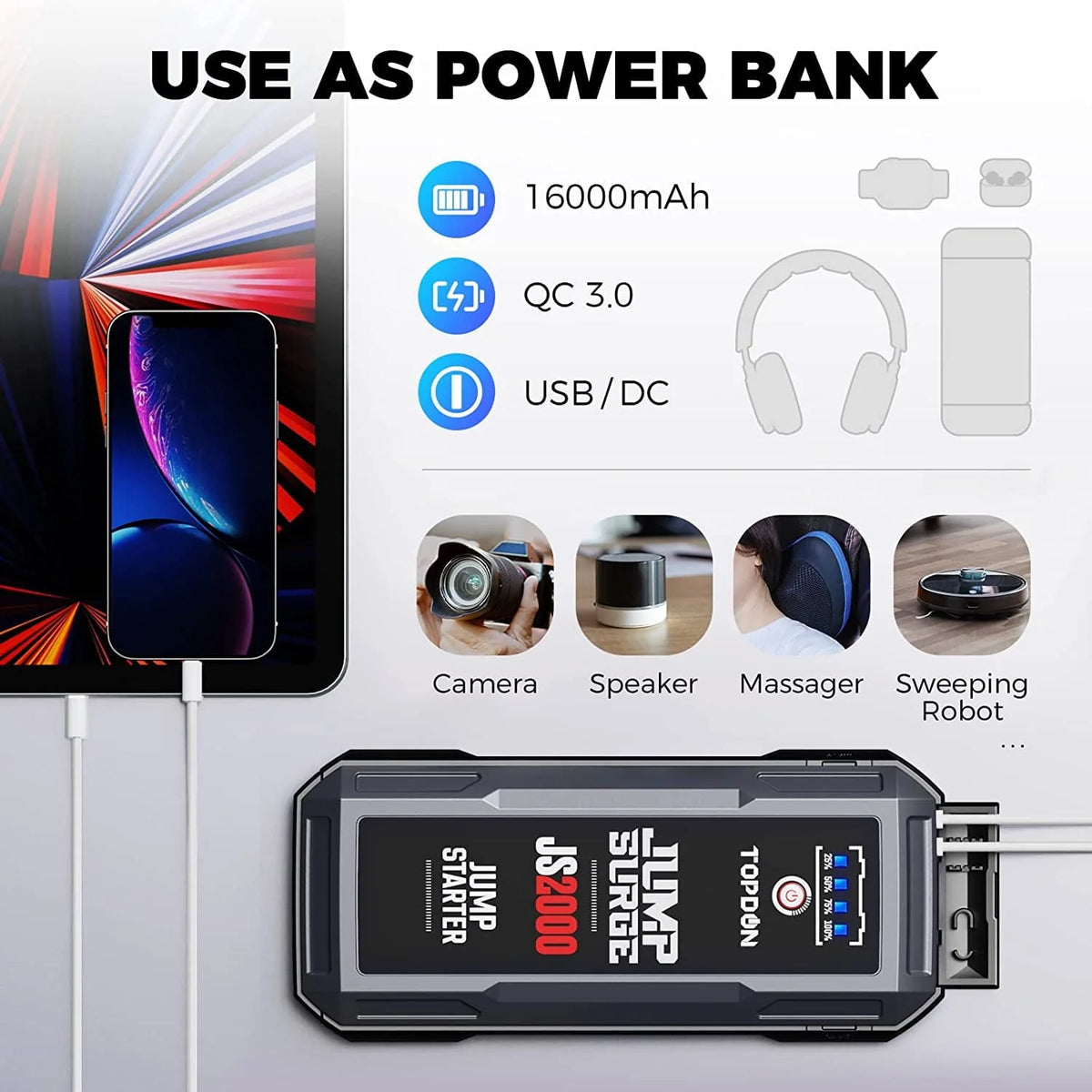 Car Jump Starter Topdon JS2000 12V 2000Amp Battery Booster Pack Charger 16000mAh