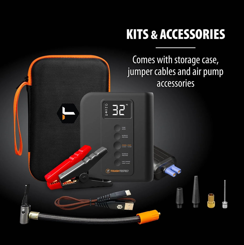 ToughTested - Vehicle Jump Starter with Air Pump Tire Inflator & Built-in Portable Charger Powerbank