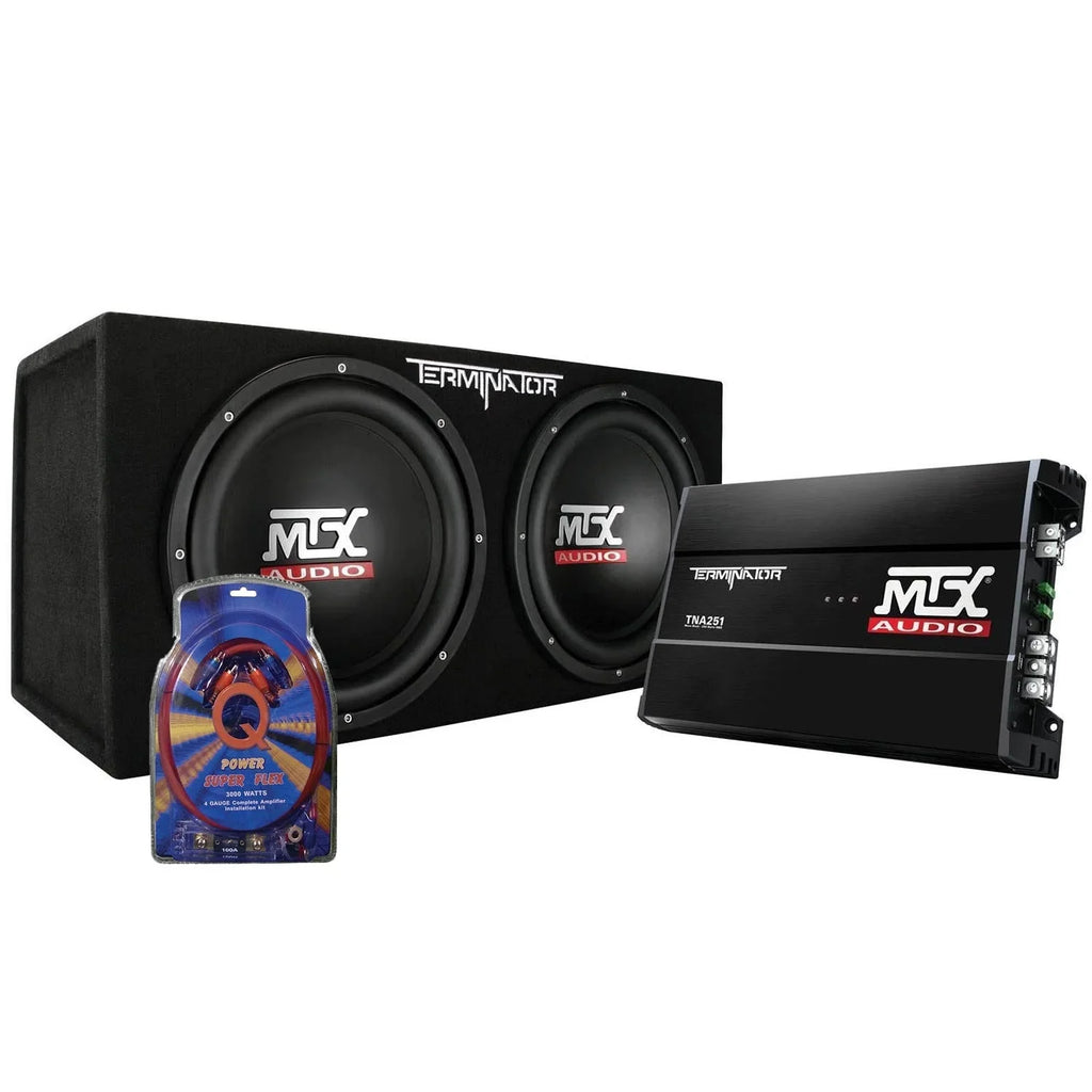 MTX 12 Dual Loaded Car Subwoofer w/Sub Box, Amplifier, & QPower Wiring Kit