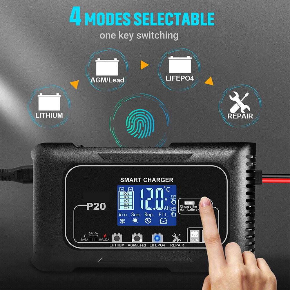 KingFurt Automatic Battery Charger - Intelligent 12V/24V Charging, LCD Display, 20A Amp, All-in-One Solution for Cars, RVs, Trucks
