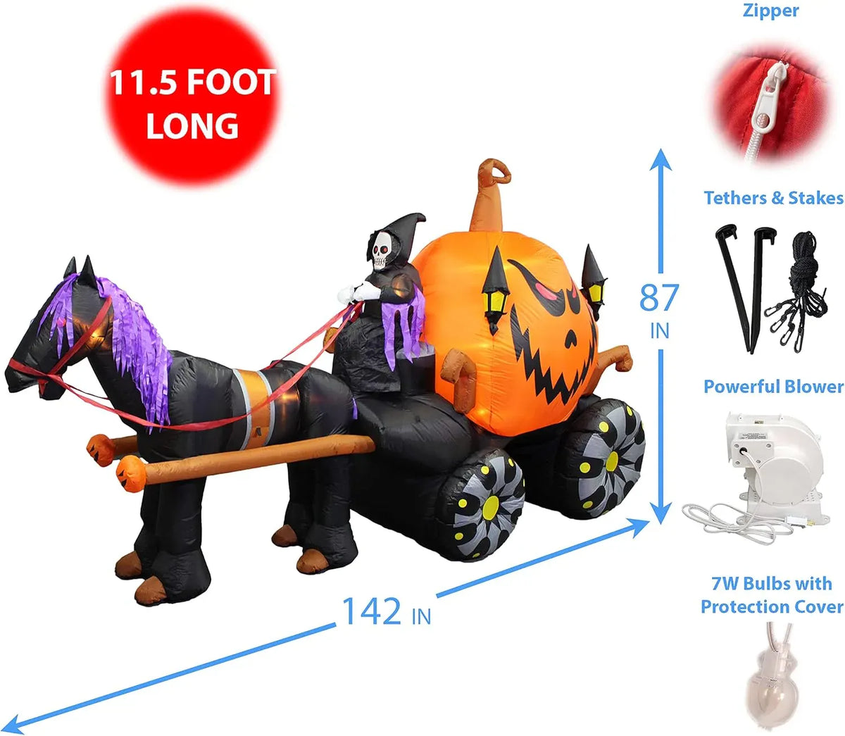 11.5 Foot Long Inflatable Grim Reaper Driving Pumpkin Carriage