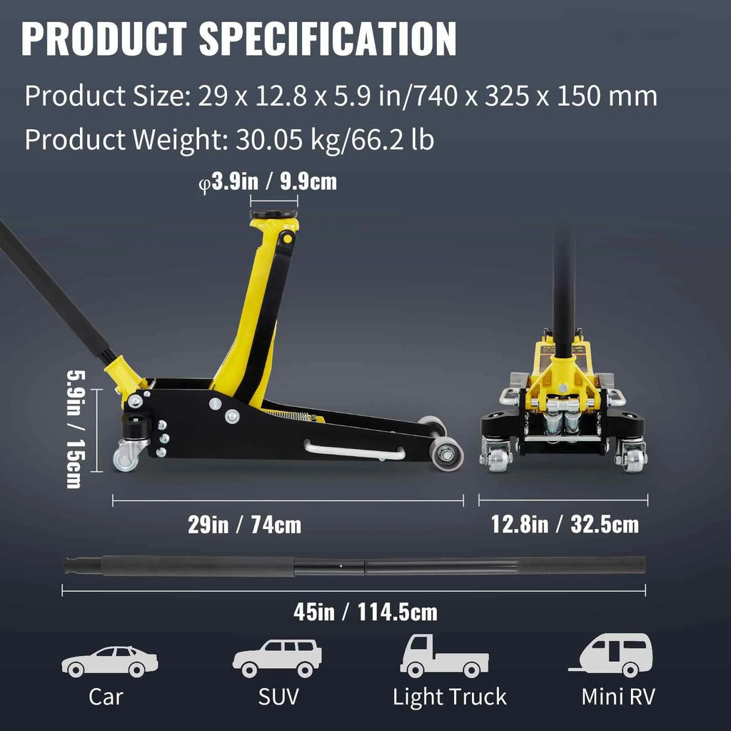 BENTISM Low Profile Floor Jack 3 Ton (6600 lbs), Aluminum and Steel Hydraulic Racing Floor Jack, Dual Piston Quick Lift Pump, 19-11/16-3-6/11 Height Lifting Range, Yellow+Black