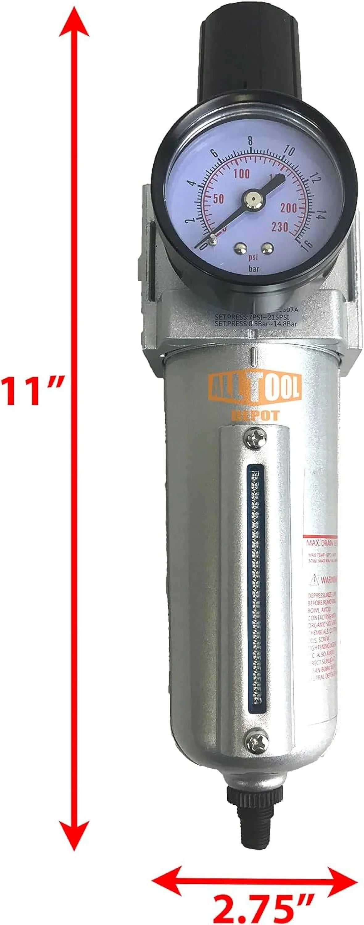 NPT HEAVY DUTY Compressed Air In Line Filter Regulator Combo Piggyback, Metal Bowl, 5 Micron , Adjustable From 7 To 175 PSI (AUTO DRAIN)