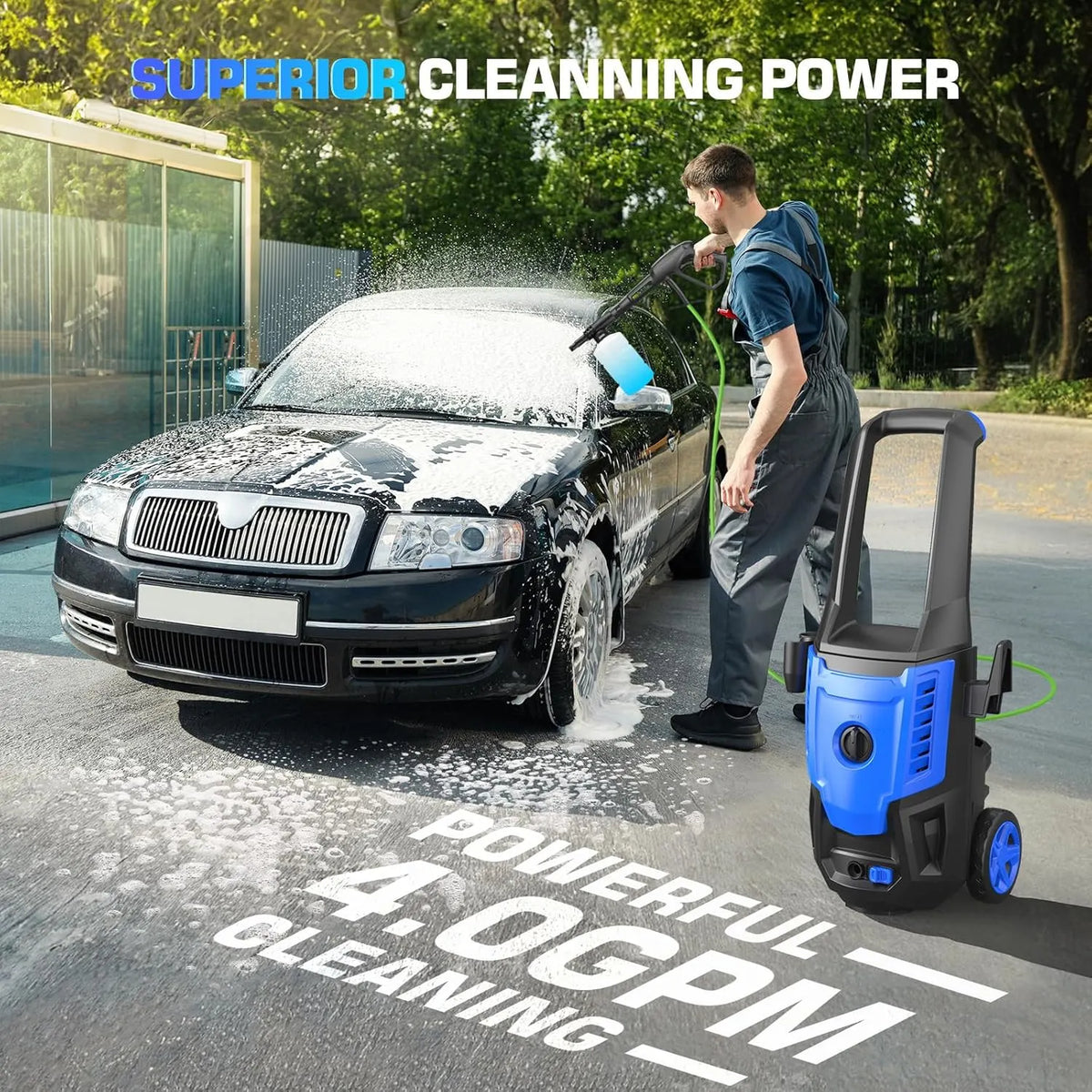 5000PSI Electric Pressure Washer, 4.0 GPM High Power Washer Machine, with Adjustable Nozzle and Soap Bottle for Cars/Fences/Driveways/Home/Patios (Light Blue)